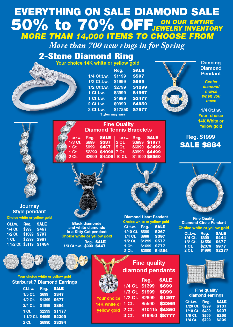 Blue jewelry sale ad with multiple diamond rings and necklaces, highlighting 50% to 70% off discounts
