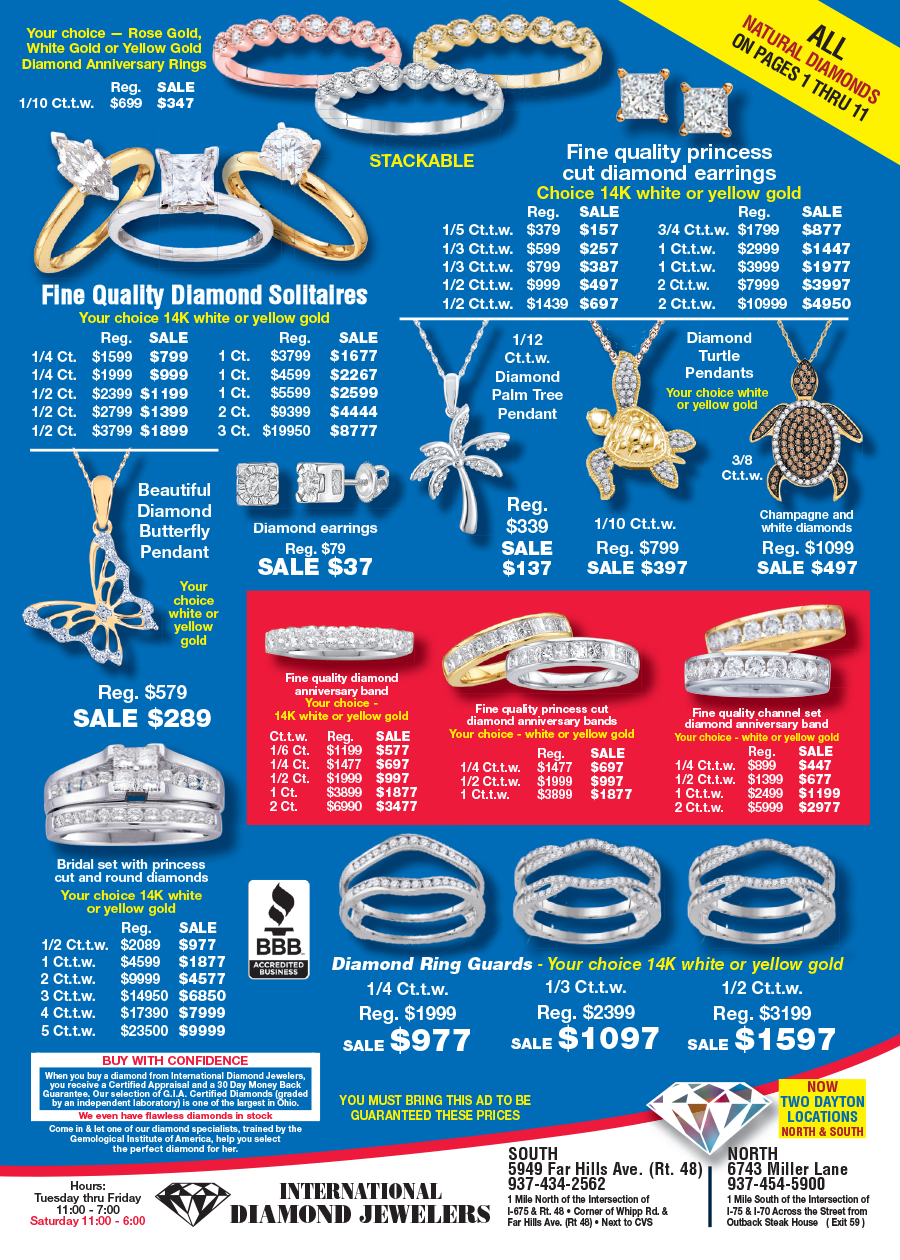 Blue jewelry sale flyer with rings, bracelets, earrings, and price listings for diamond and gold items
