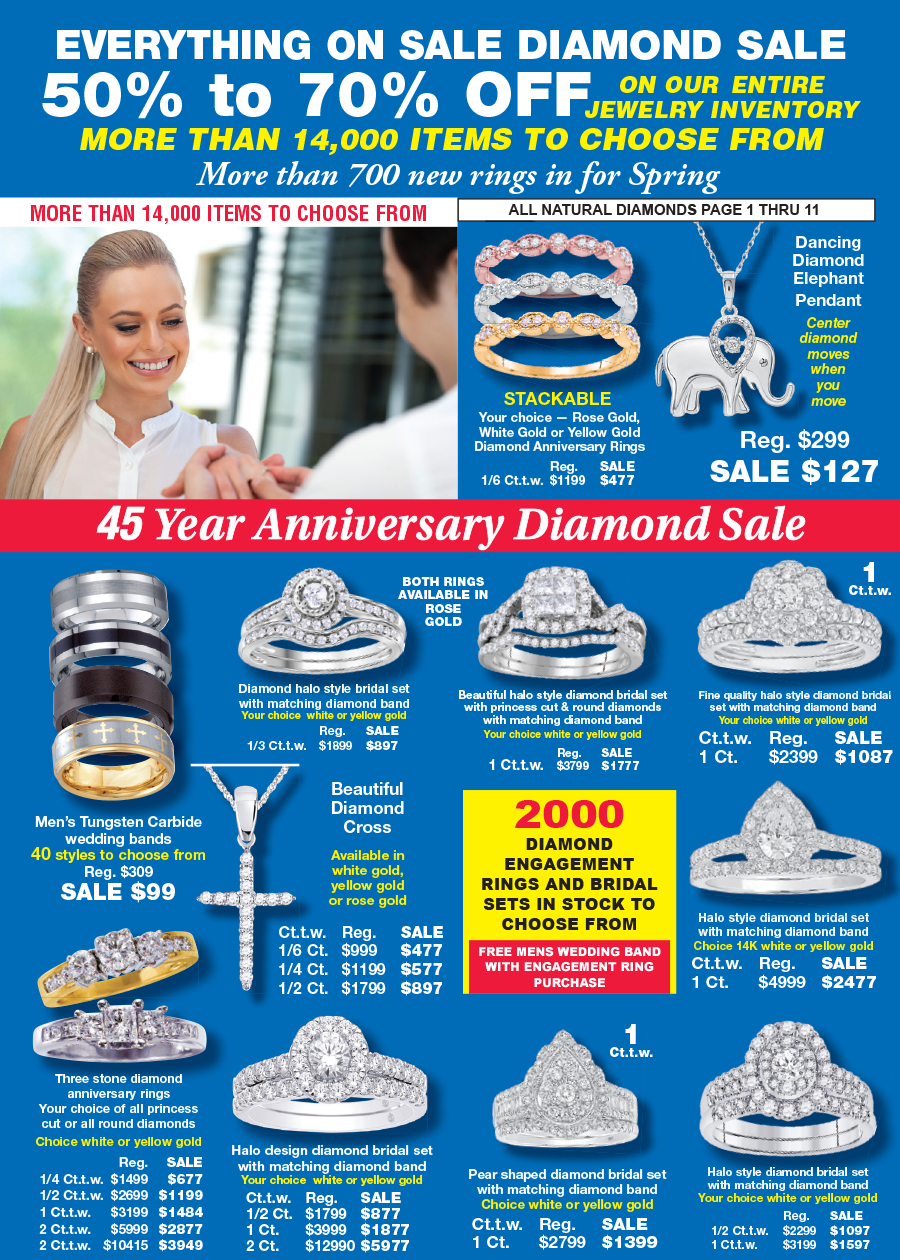 Diamond jewelry sale flyer with blue background, 50–70% off, rings, earrings, necklaces, and anniversary specials
