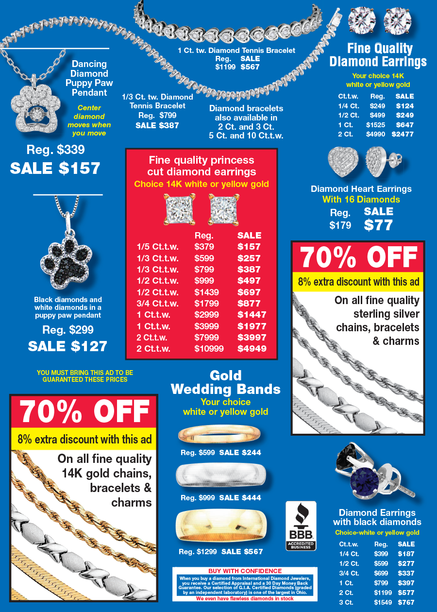 Blue jewelry sale flyer with diamond rings, wedding bands, and 70% off discount callouts