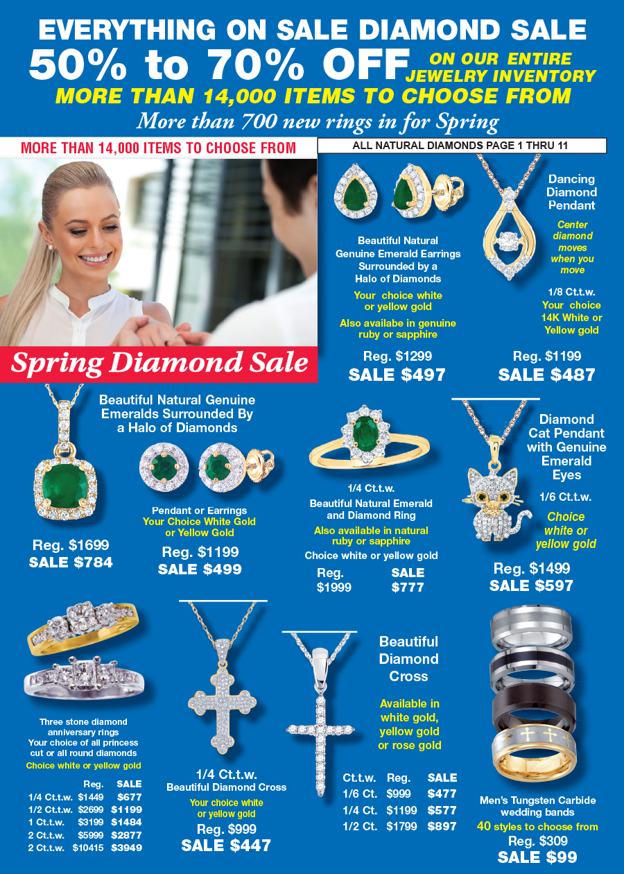 Blue jewelry sale ad with necklaces, earrings, rings, bracelets, and spring diamond discounts up to 70% off