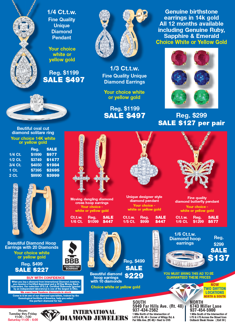 Jewelry sale ad with diamond rings, earrings, pendants, bracelets, and gemstone sets on blue background