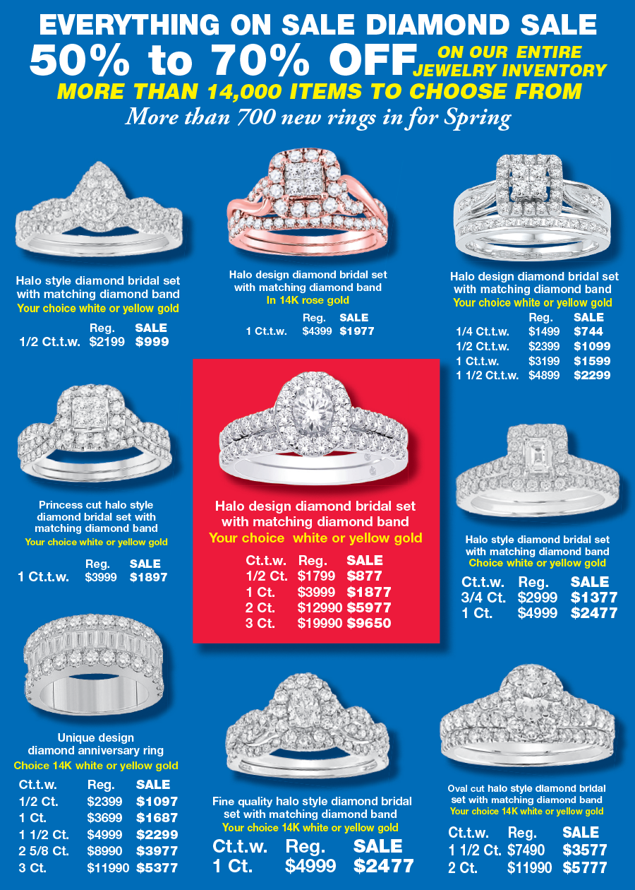 Sale flyer for diamond rings, “Everything on sale” with 50% to 70% off, showing multiple ring styles and prices