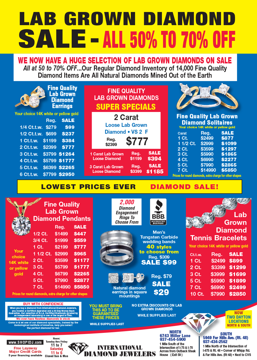 Blue jewelry sale flyer for lab-grown diamonds, with rings, earrings, and prices up to 70% off.