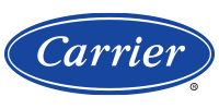 Carrier logo in white script inside a blue oval on a white background