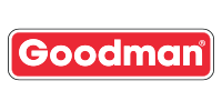 Goodman logo in white text on a red rounded rectangle with a gray outline