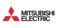Mitsubishi Electric logo in red and black text with a red triangular emblem on a white background