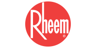 Rheem logo in white text inside a red circle on a white background