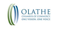 Olathe Chamber of Commerce logo with blue and green abstract arcs and slogan “One Vision, One Voice”