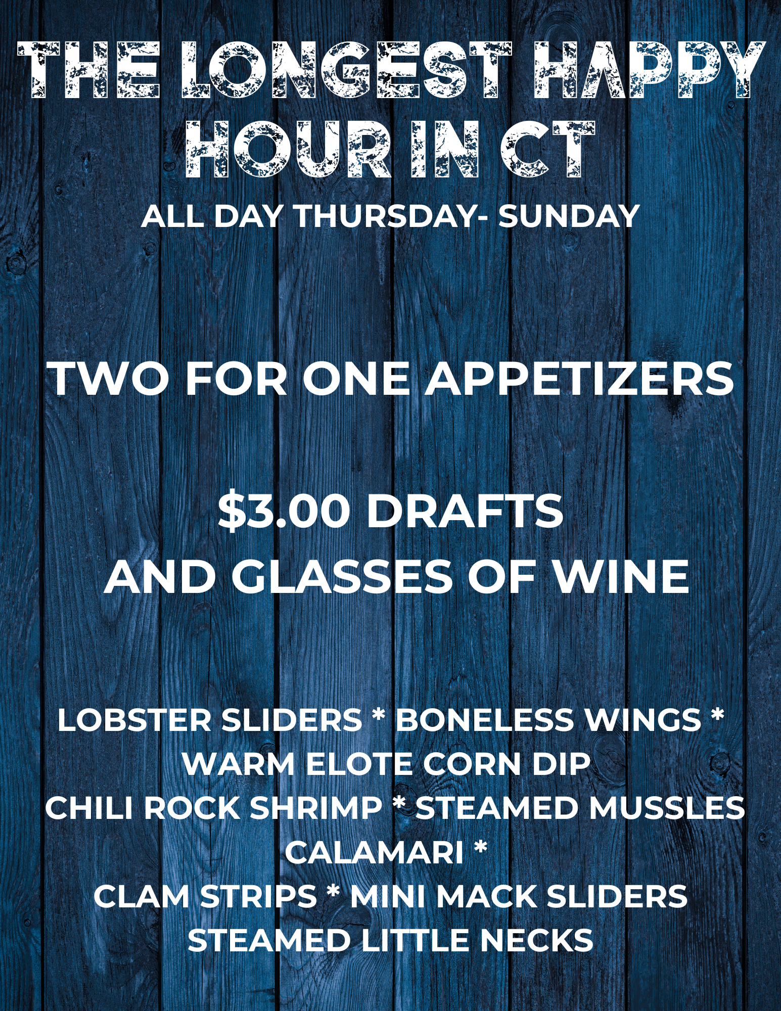 Happy hour menu on blue wood background, offering two-for-one appetizers, $3 drafts, and wine all day Thursday-Sunday.