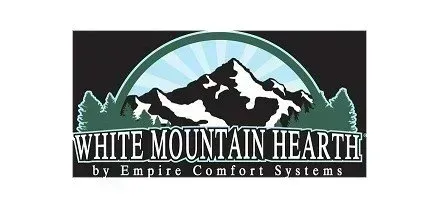 Logo for White Mountain Hearth by Empire Comfort Systems, featuring a mountain range and pine trees.