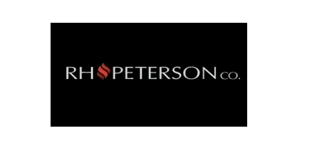 Logo of RH Peterson co. on a black background. The text is silver, and the symbol is a flame in red and black.