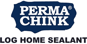 Logo for Perma-Chink, a log home sealant, with blue and white text on a blue blob shape.