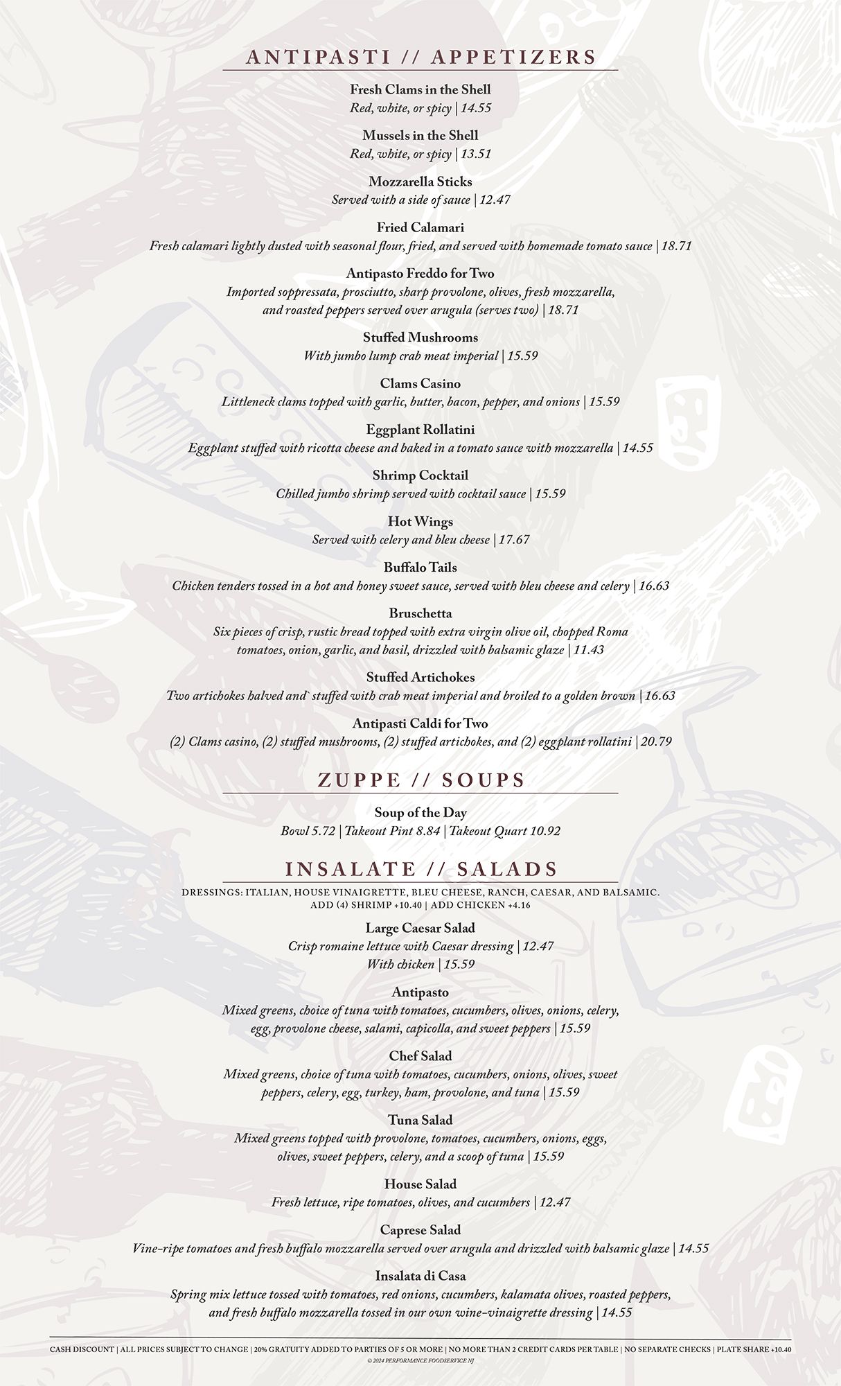 Restaurant menu featuring appetizers, entrees, and desserts.