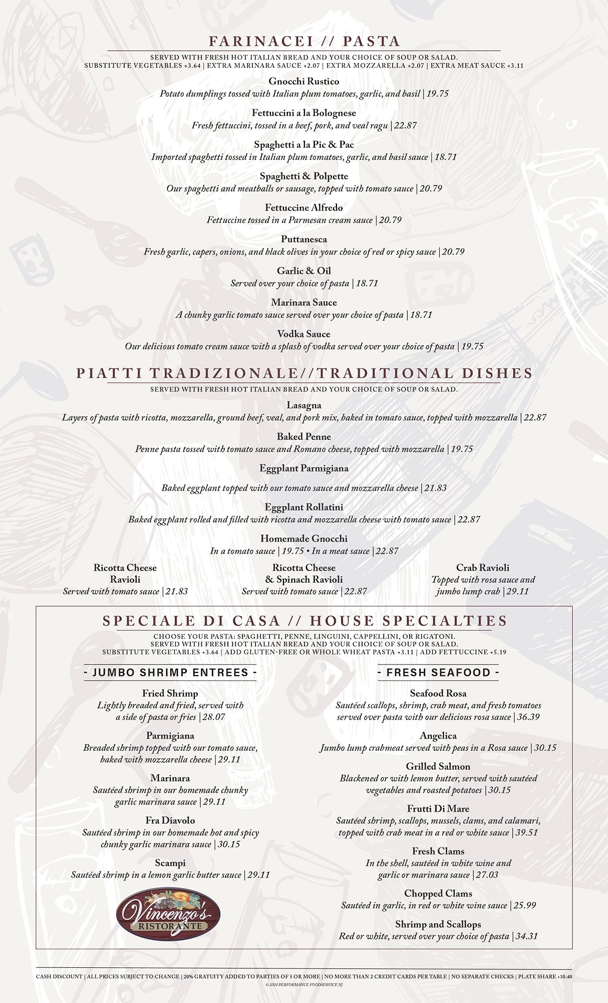 Restaurant menu with pasta, entrees, and daily specials.
