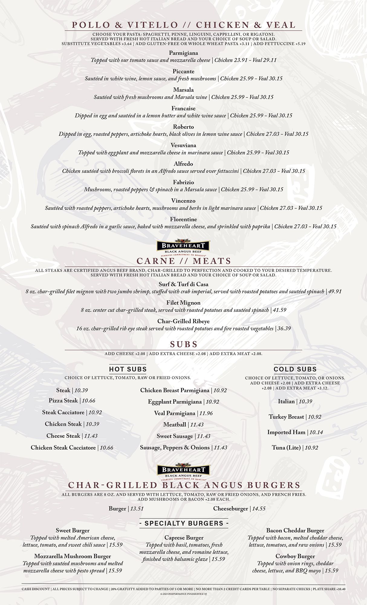 Menu for a restaurant offering Italian-inspired dishes. Dishes are listed with prices.