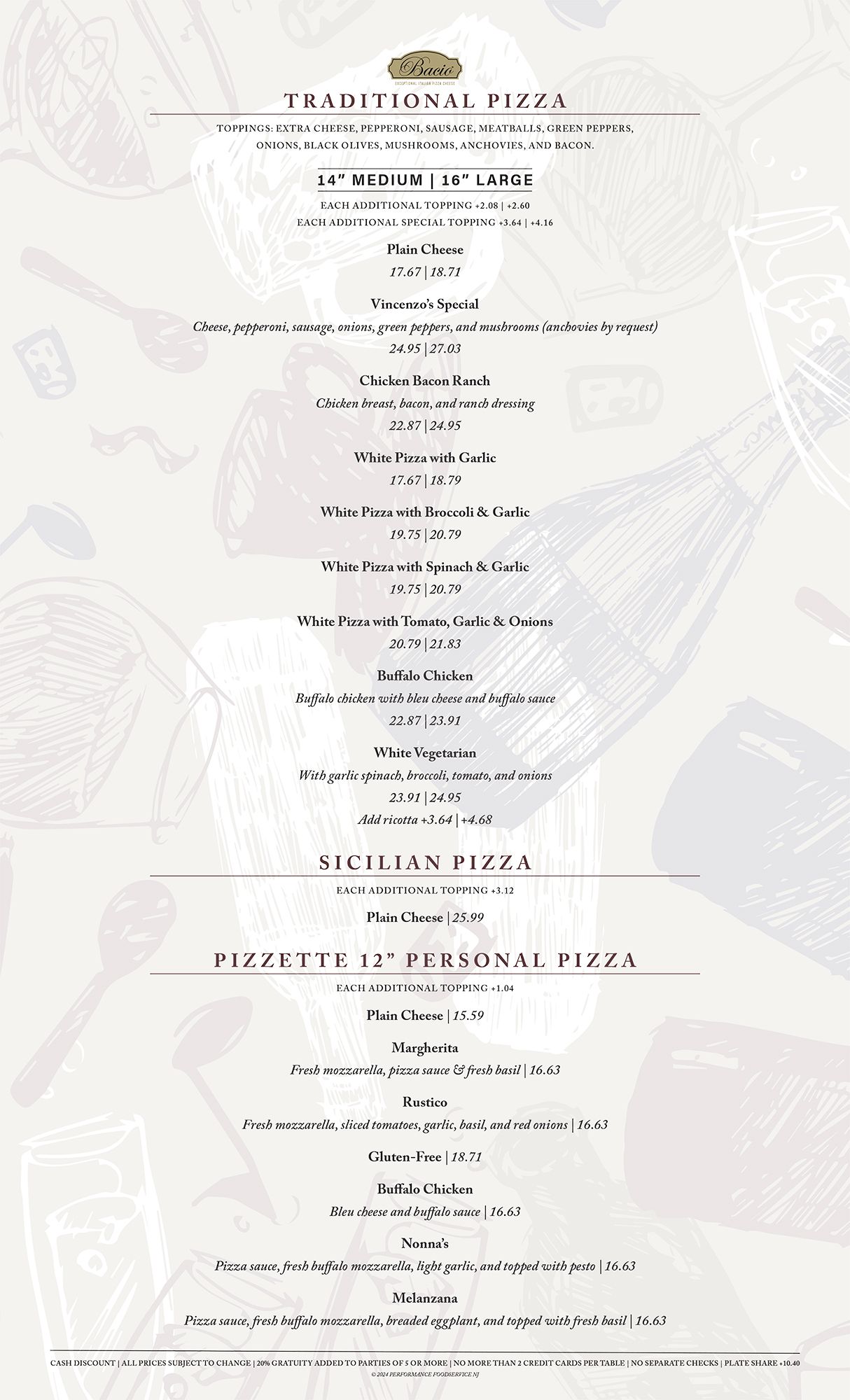 Menu listing traditional, Sicilian, and 