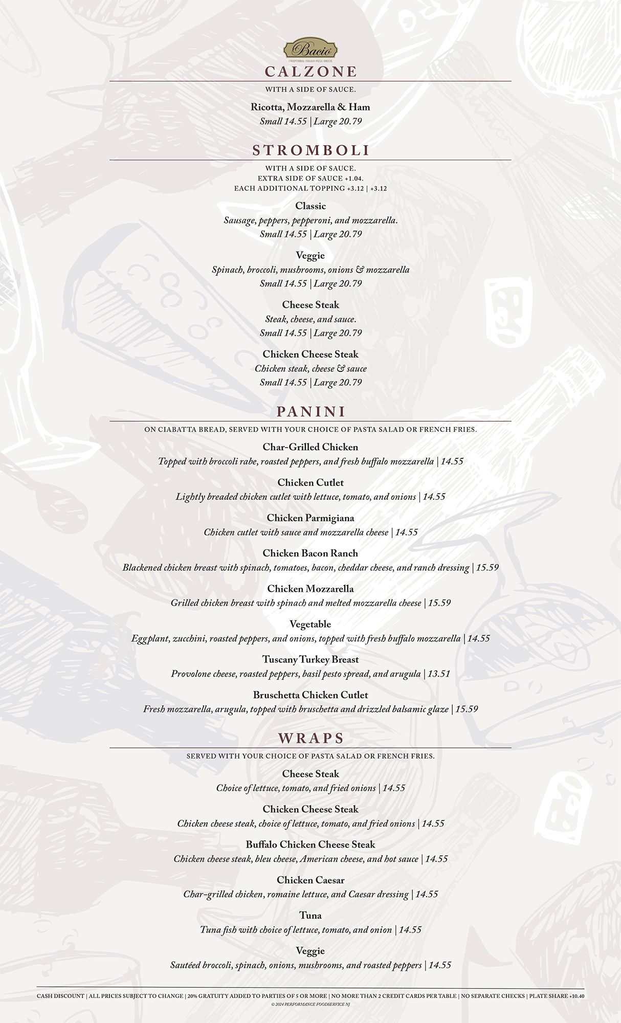 Menu for Calzone restaurant, featuring appetizers, paninis, and salads on a decorative background.