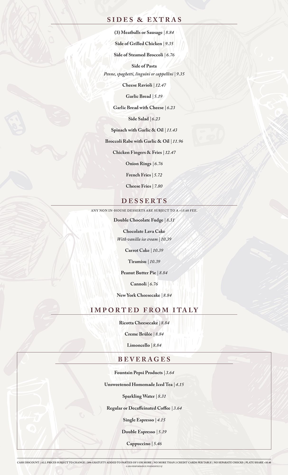 Menu with drink and food options in a pale, patterned background.