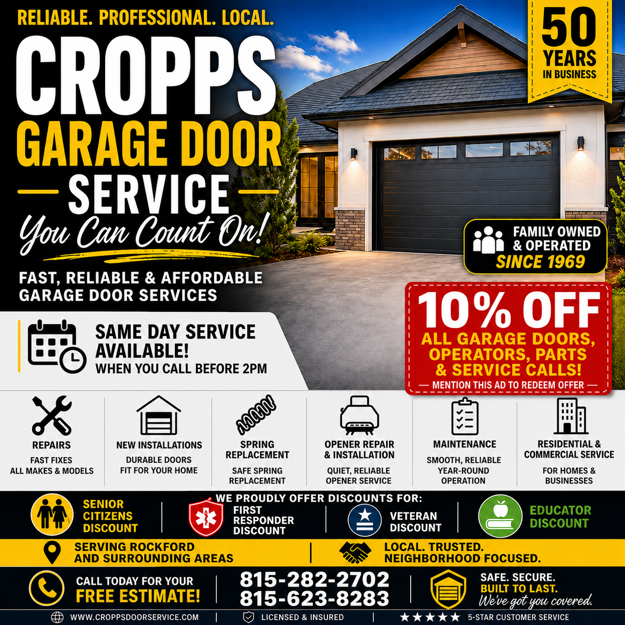 CROPPS garage door service ad with black garage doors, 50 years badge, and 10% off offer.