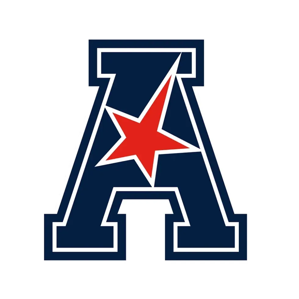 Navy and white interlocking “A” logo with a red star in the center