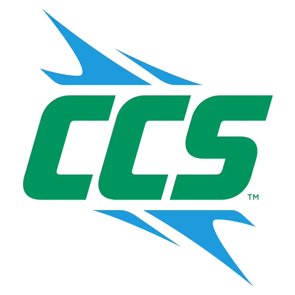 CCS logo in green and blue with stylized lightning accents