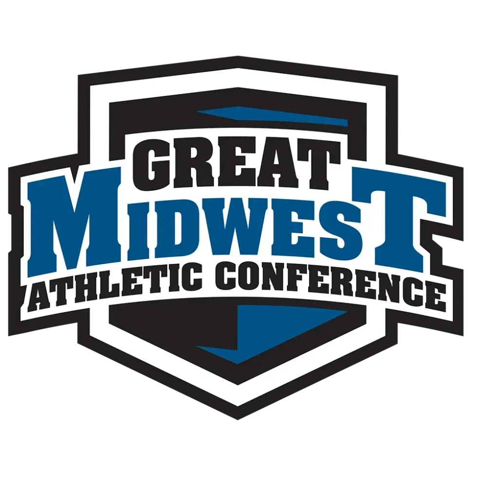 Great Midwest Athletic Conference logo in blue, black, and white with shield emblem