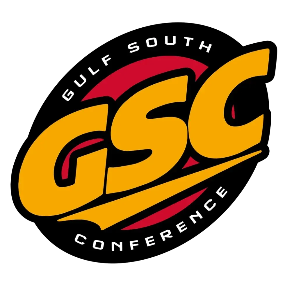 Gulf South Conference logo with bold yellow GSC letters on a black oval and red slash accents