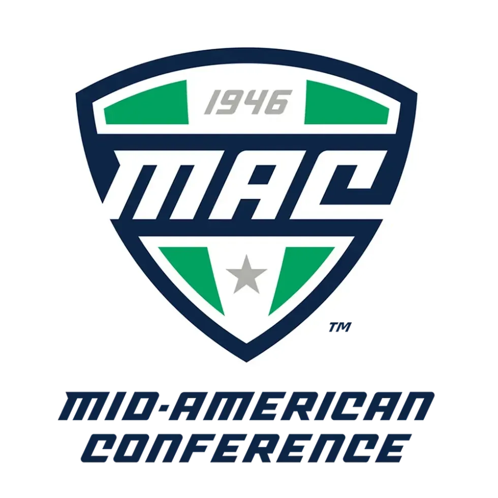 Mid-American Conference logo with blue, green, and white shield and “1946” text