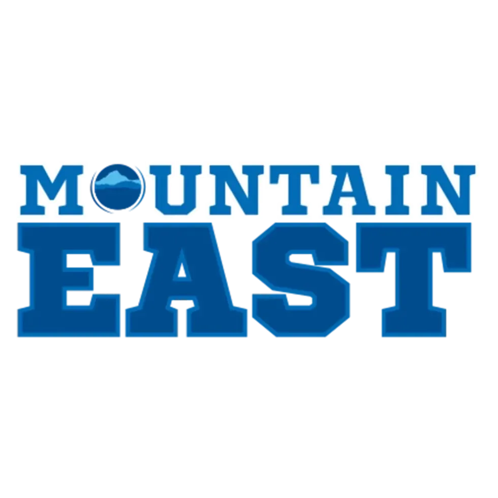 Mountain East logo in blue and white text