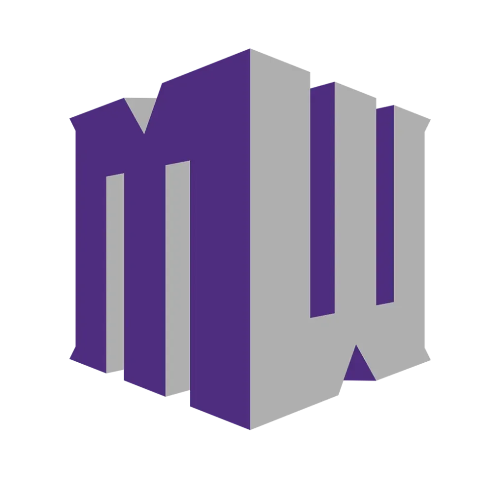 Purple and gray stylized 3D block logo with interlocking letters on a white background