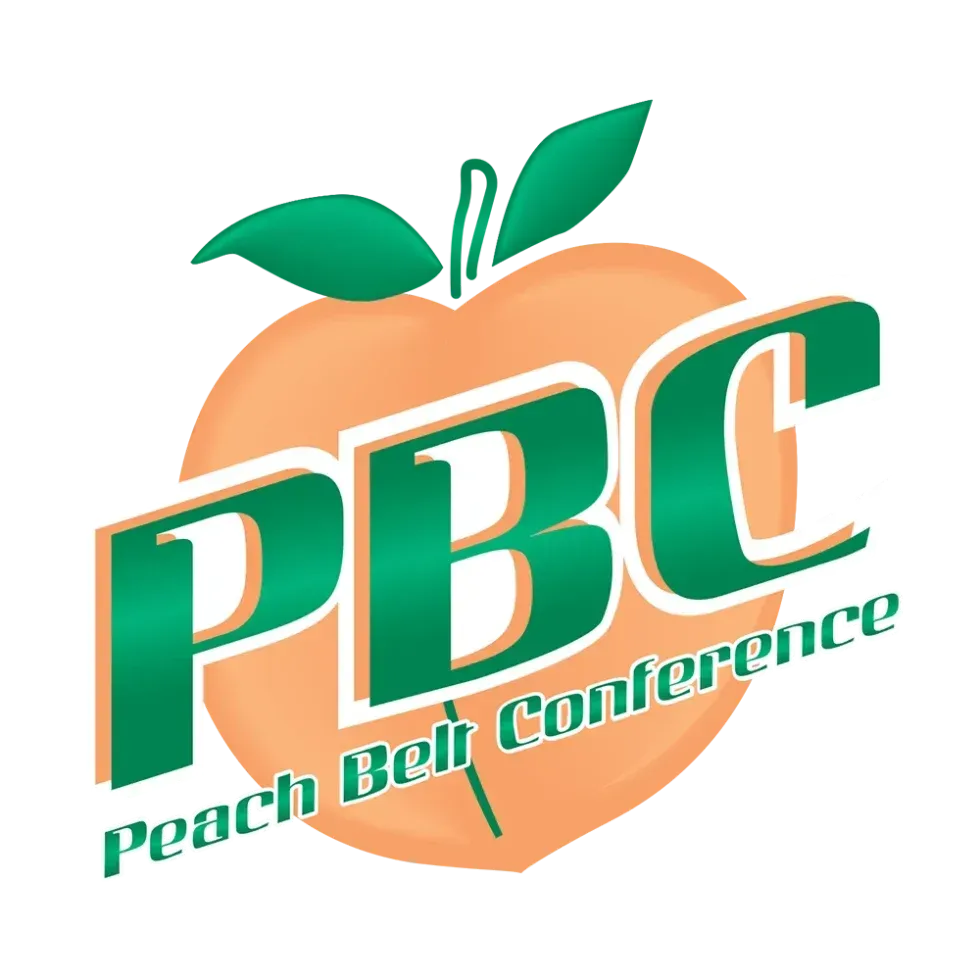 Peach logo with green leaves and the text “PBC Peach Belt Conference”