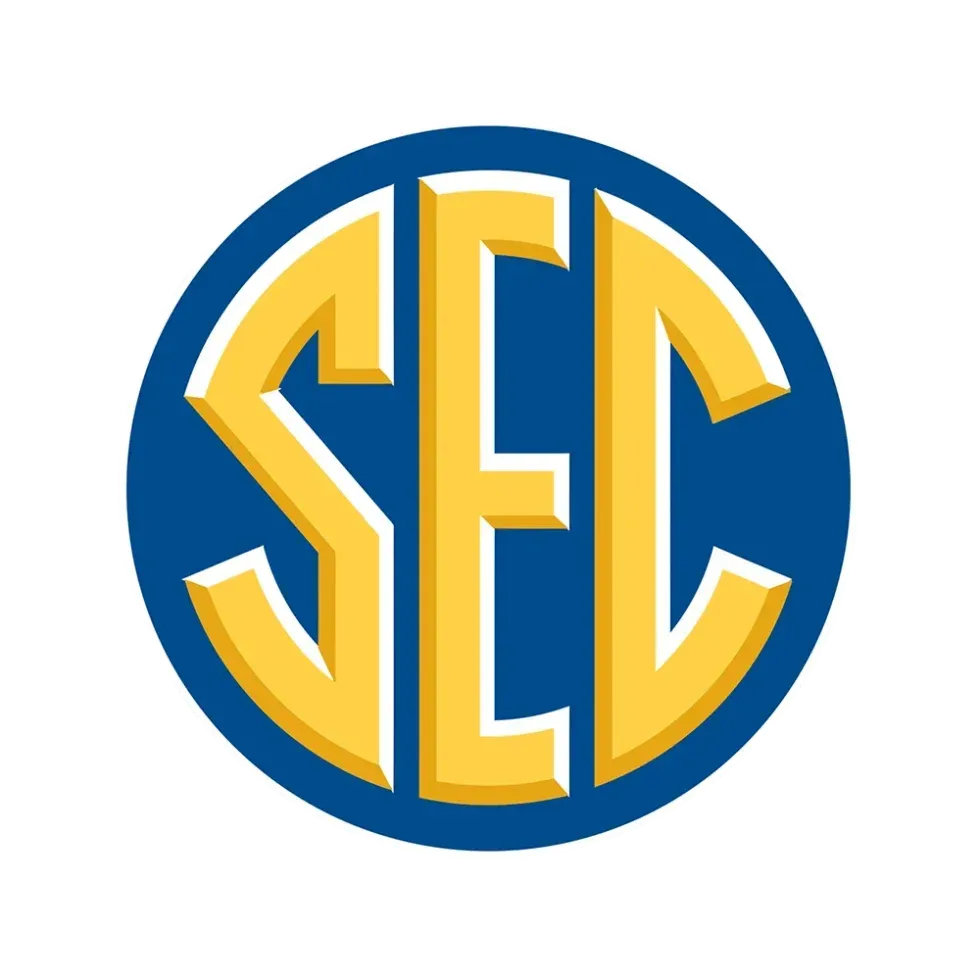 Blue and gold SEC logo in a circular emblem