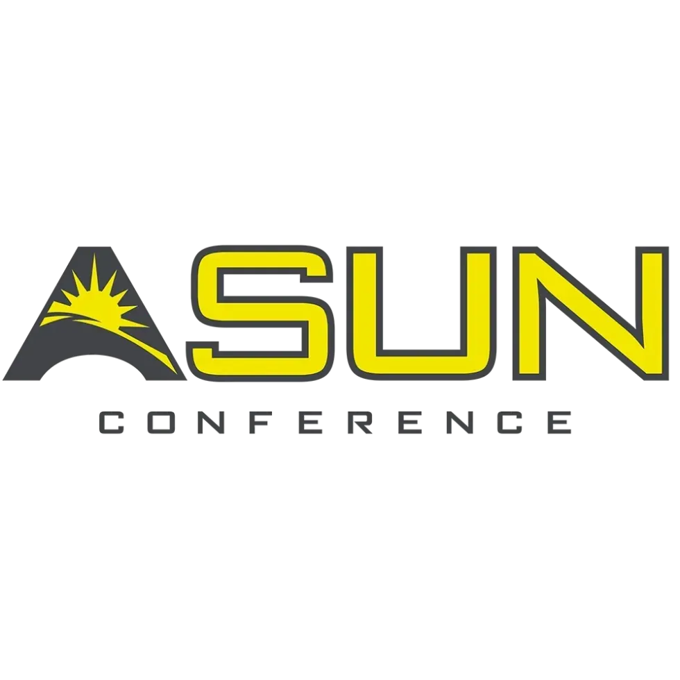 ASUN Conference logo with yellow sunburst, black and white lettering on a white background