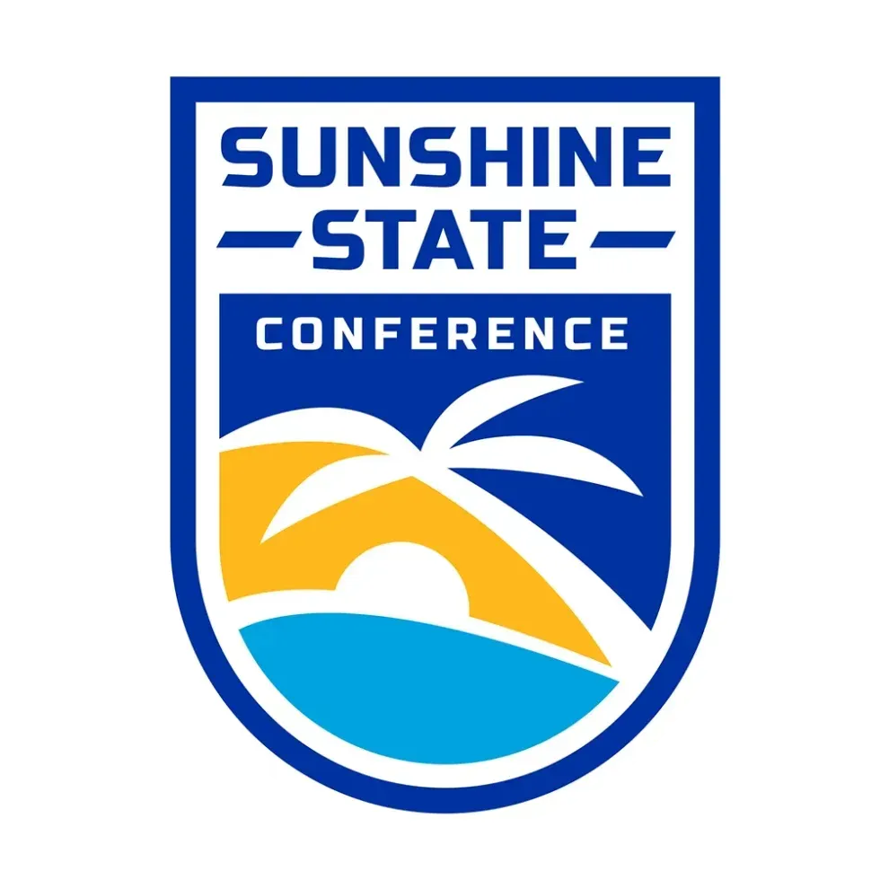 Sunshine State Conference blue shield logo with sun, waves, and white palm tree.