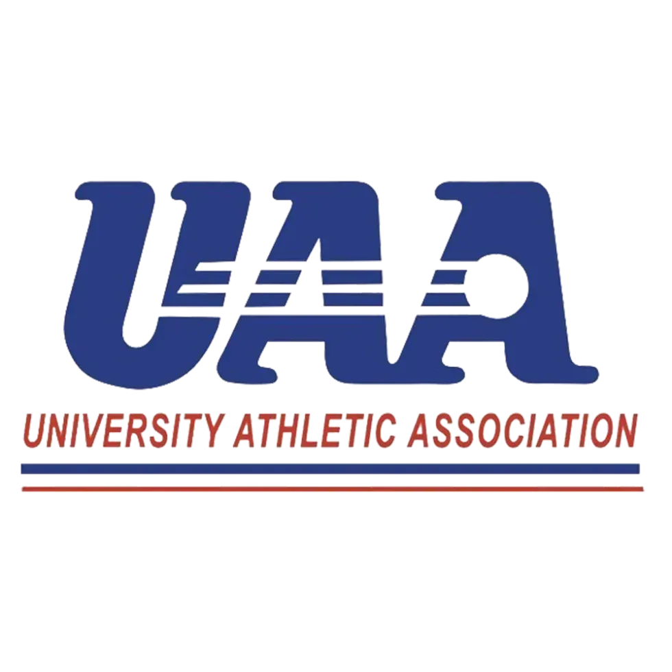 UAA University Athletic Association logo in blue and red with horizontal stripes