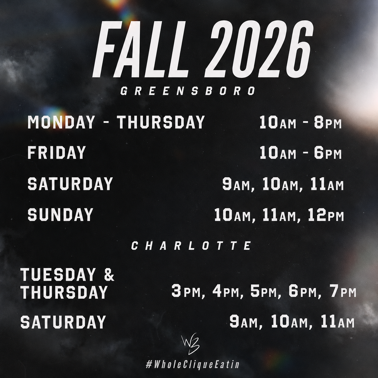 Summer 2026 class schedule poster for Greensboro and Charlotte with days and times listed on a dark background