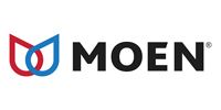 MOEN logo in black with red and blue emblem on a white background