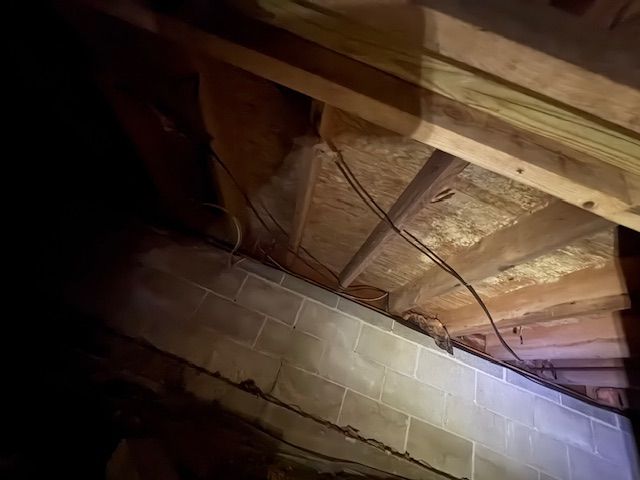 Interior view of a basement, showing wood beams, cinder block wall, and electrical wires.