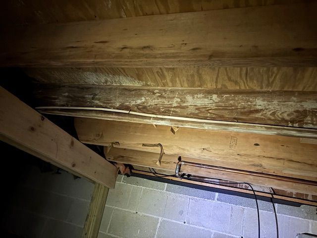 Wooden ceiling beams with visible water damage, in a basement setting.