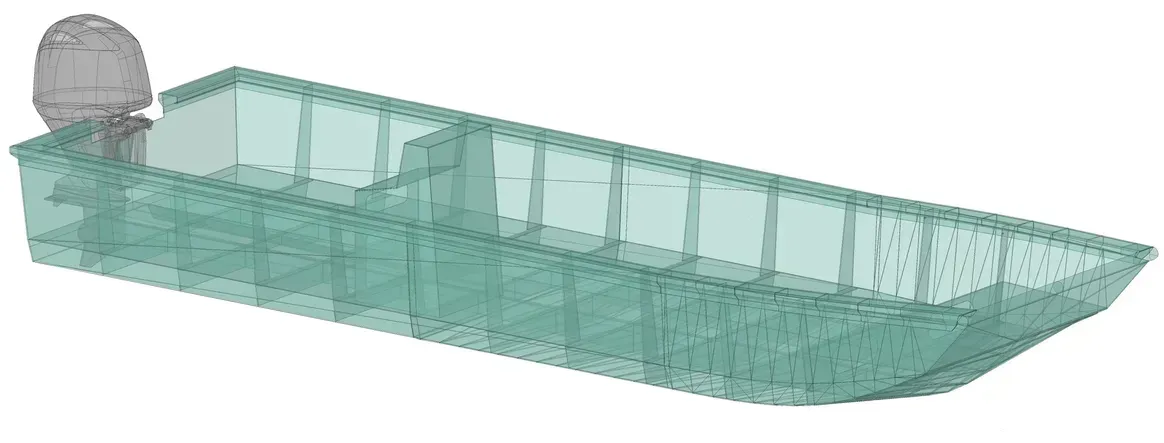 A semi-transparent, light teal 3D wireframe model of a flat-bottom jon boat with an outboard motor.