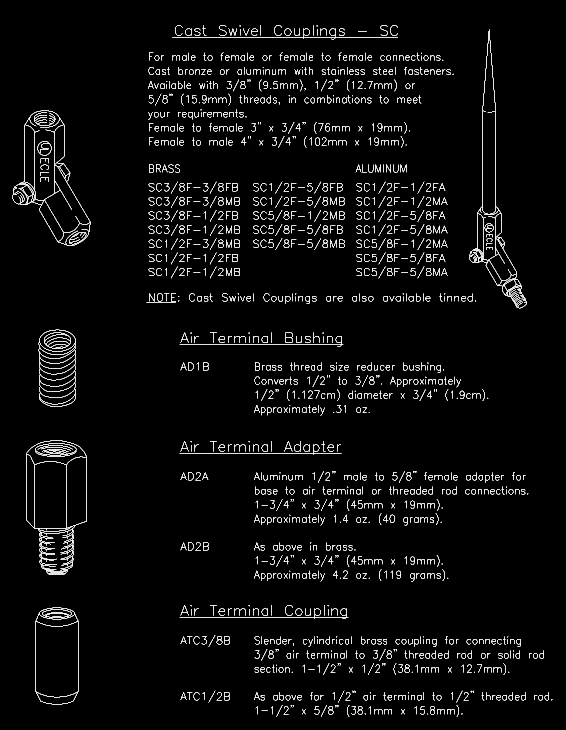 Diagrams of various connector types: swivel couplings, bushings, adapters, and couplings, with specifications.