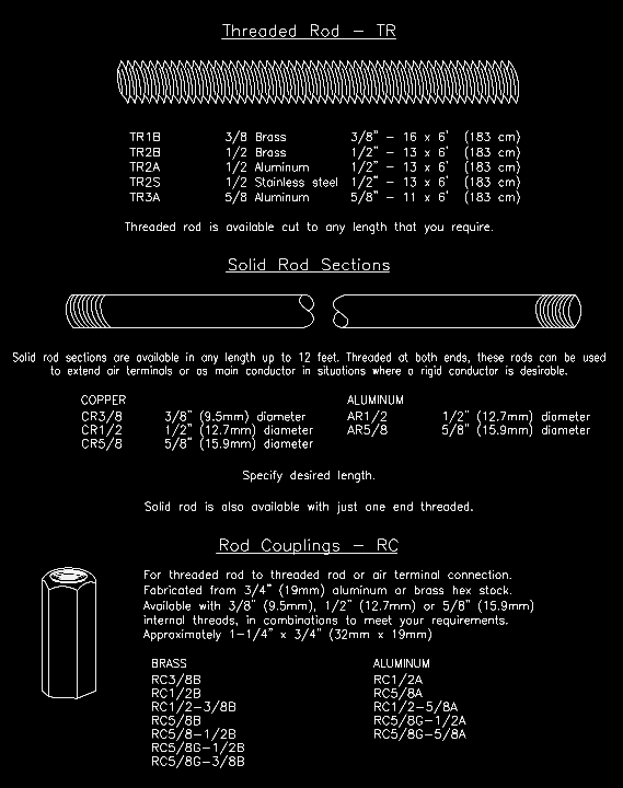 Diagram of threaded rod, solid rod sections, and coupling types with sizes and specifications.