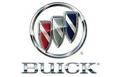 The Buick logo: three colorful shields in a silver circle above the brand name in metallic silver lettering.