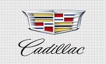 The Cadillac logo featuring a colorful crest and the brand name in script, set against a light gray grid background.
