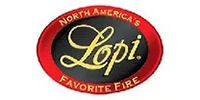 Logo of Lopi fireplaces, featuring a red and black oval with gold lettering.