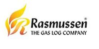 Logo for Rasmussen Gas Logs, featuring a flame design and the company name.