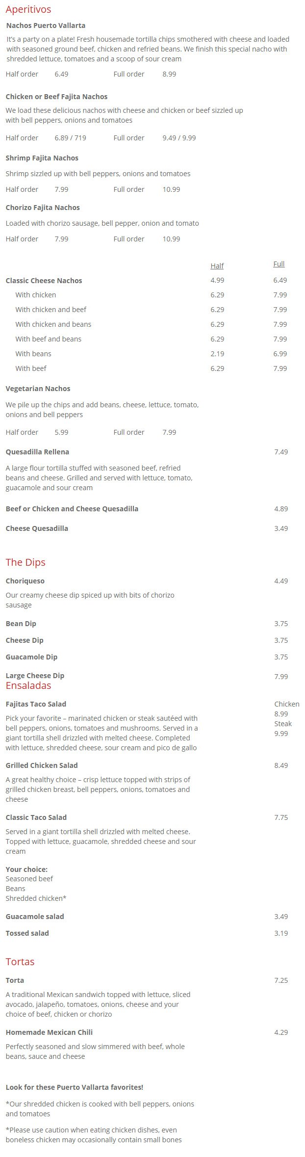 Puerto Vallarta Restaurant Starters & Salads Menu Muncie