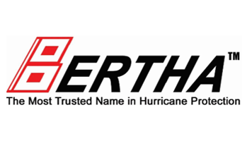 Bertha logo with red-and-black text and tagline, “The Most Trusted Name in Hurricane Protection”