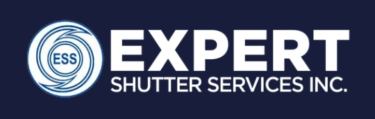 Expert Shutter Services Inc. logo in white and blue with circular ESS emblem